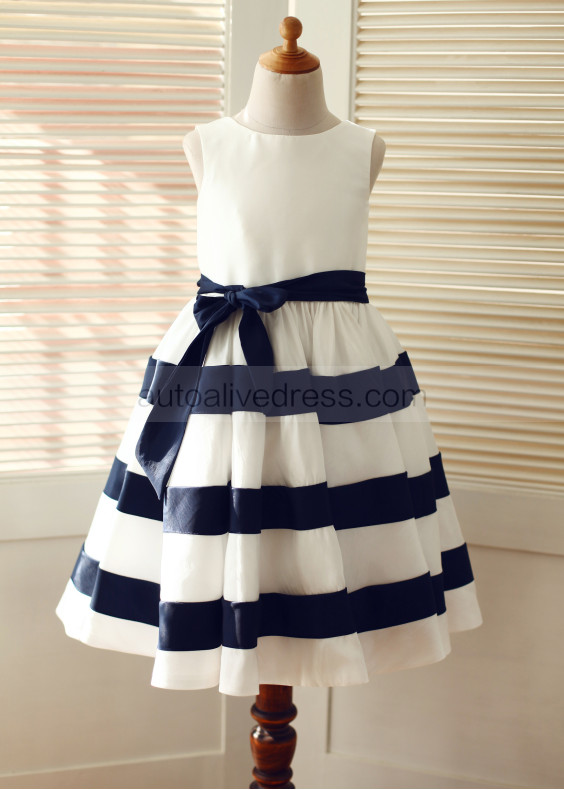 Ivory Taffeta Navy Blue Stripes Slit Back Knee Length Flower Girl Dress 